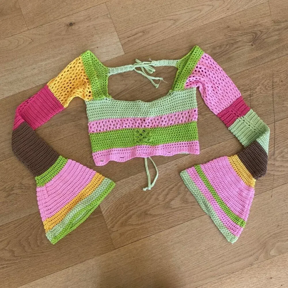 Crochet Knit Stripe Bell Sleeve Crop Top in Green & Pink